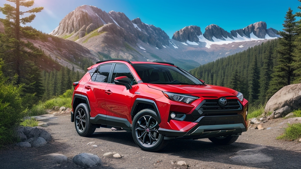 2024 toyota rav4 in vibrant red color parked on a scenic mountain road
